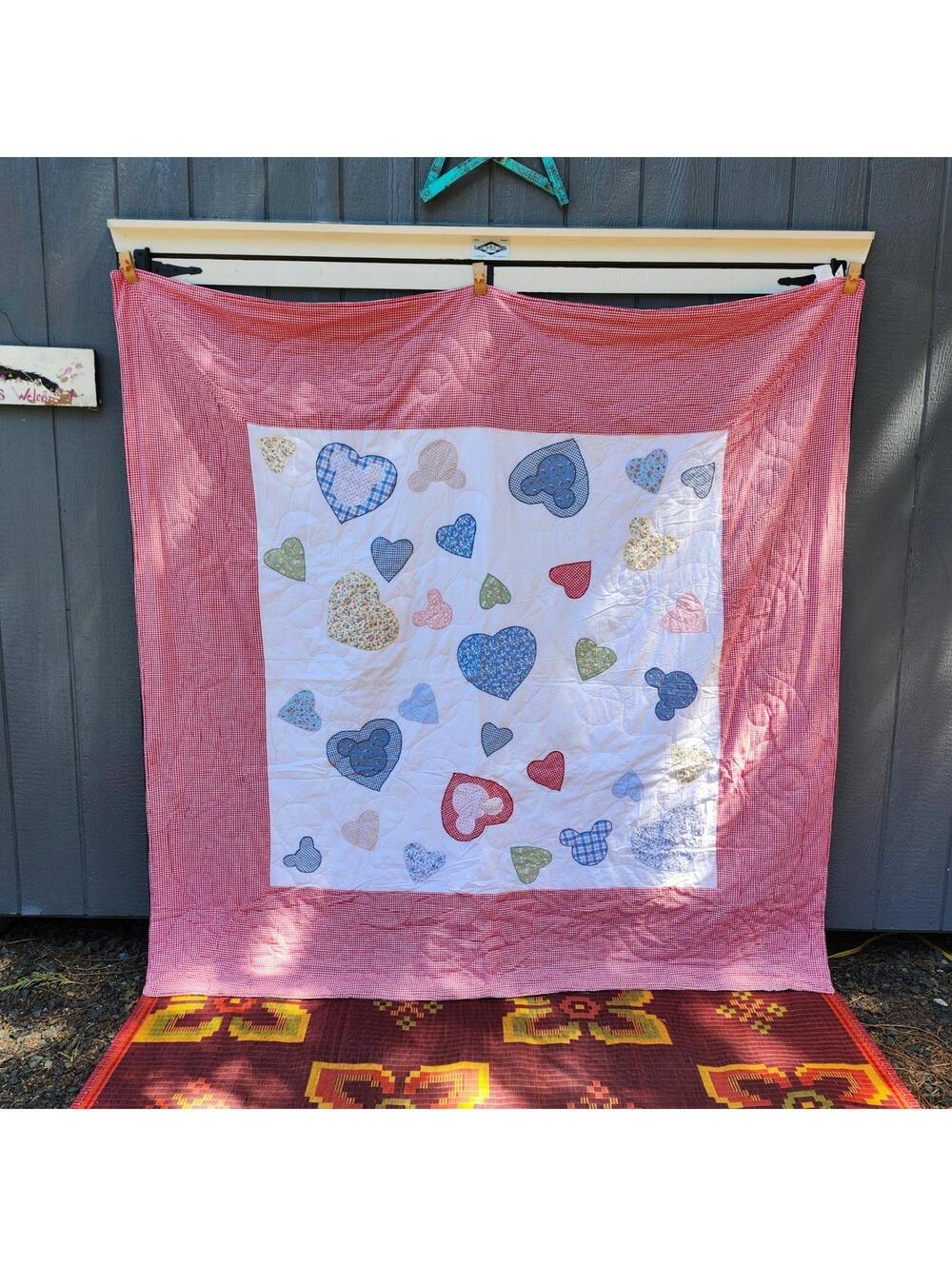 Disney Heart Patchwork Quilt Red White Gingham Mouse Ears Hearts Queen